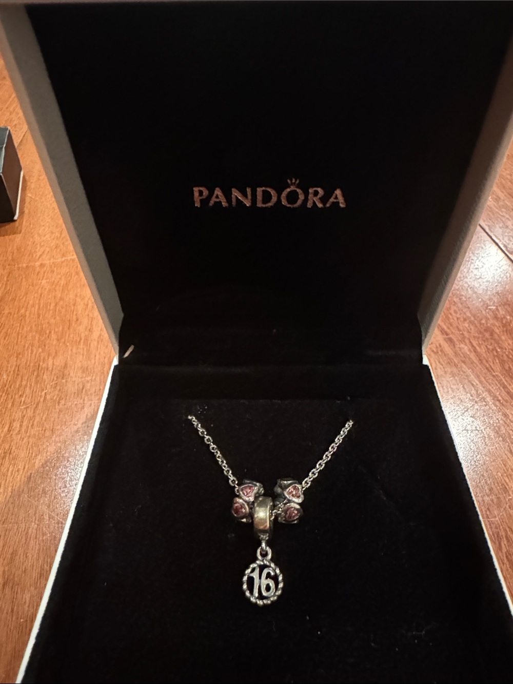 Pandora Silver Necklace with Pink Accent Beads and '16' Charm